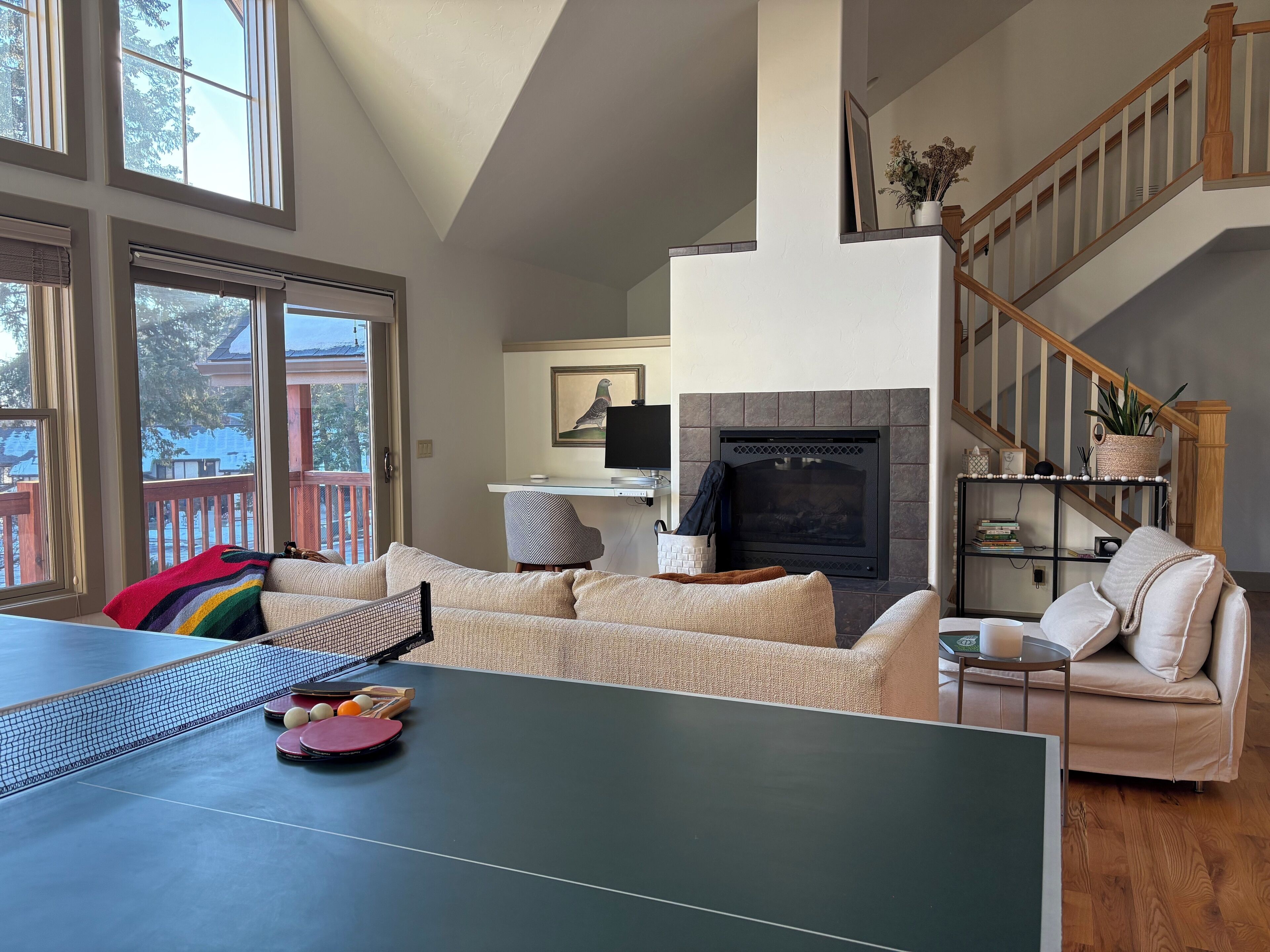 Smart TV, chimenea, libros y monitor de computadora 