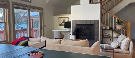 Smart TV, chimenea, libros y monitor de computadora