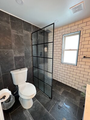 Shower, hair dryer, towels, toilet paper