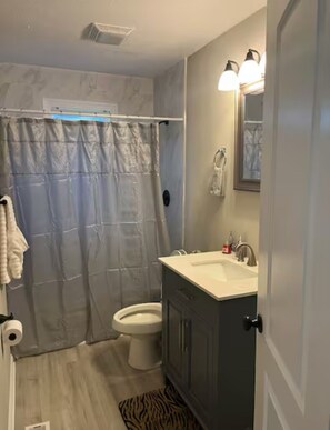 Secadora de cabello, toallas, jabón, papel de baño 