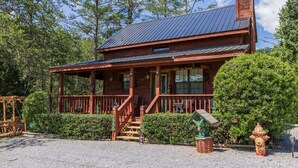 A rustic cabin with a porch, wooden steps, and a chimney.