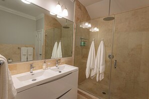 Hair dryer, towels, soap, toilet paper