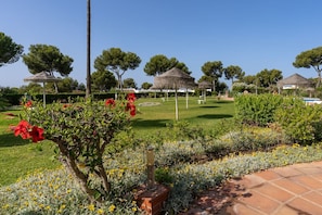 A landscaped garden with a variety of plants and trees, a brick pathway, and thatched-roof structures.