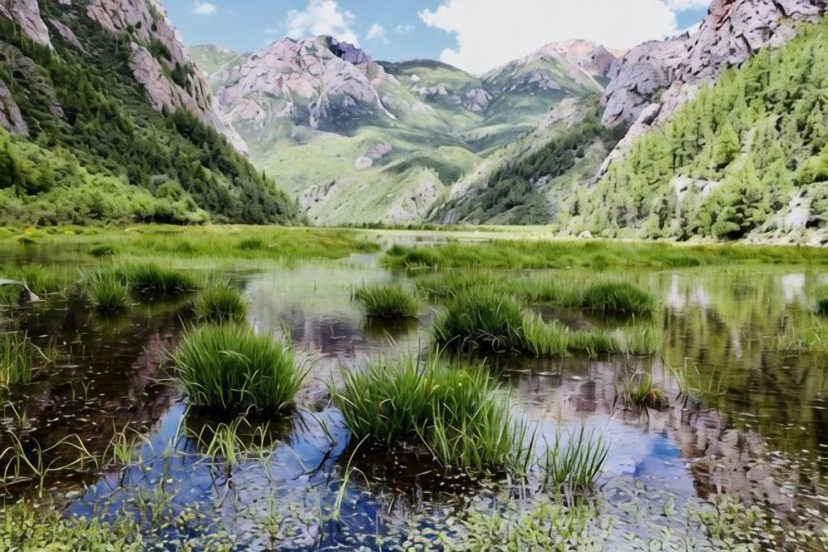 Un paysage montagneux avec un lac paisible qui reflète la verdure et le relief rocheux.
