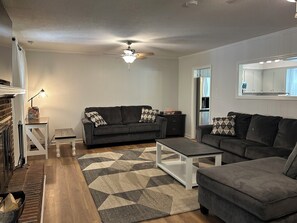 Smart TV, fireplace, DVD player, books