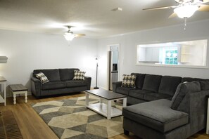Smart TV, fireplace, DVD player, books