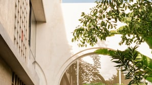A building with a large arched window, a door, and a small garden area with large leaves. - Artsy loft with plunge pool and rooftop terrace (Mérida)