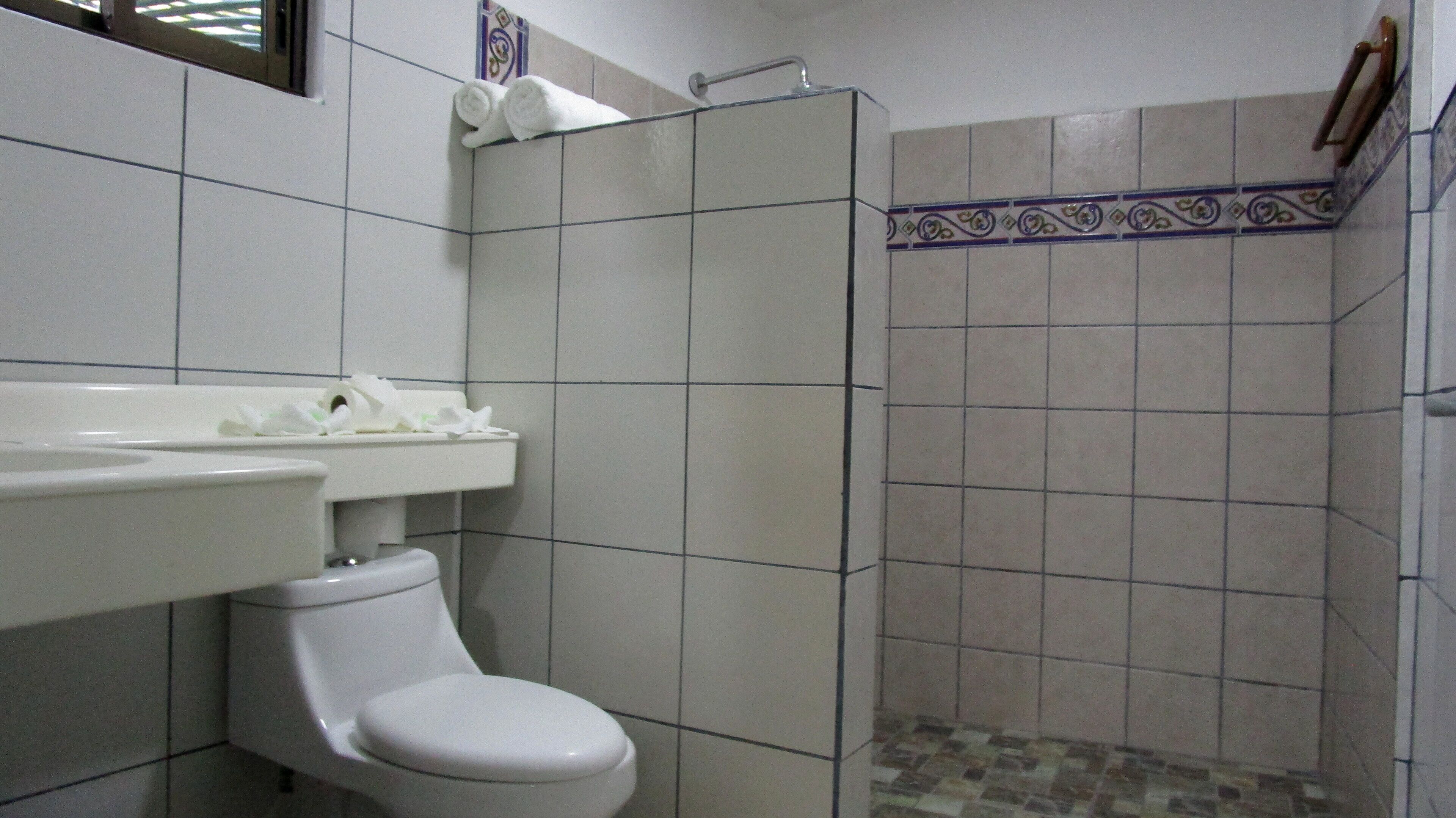 A bathroom with a toilet, a sink, and a shower area.
