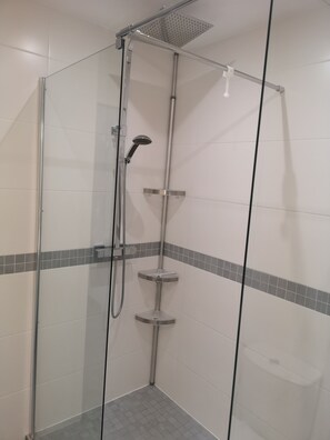 Shower, hair dryer, towels, toilet paper