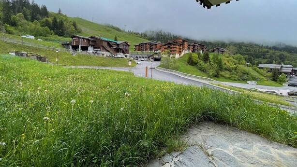 Una cabaña de montaña con varias construcciones, un camino y vegetación circundante.