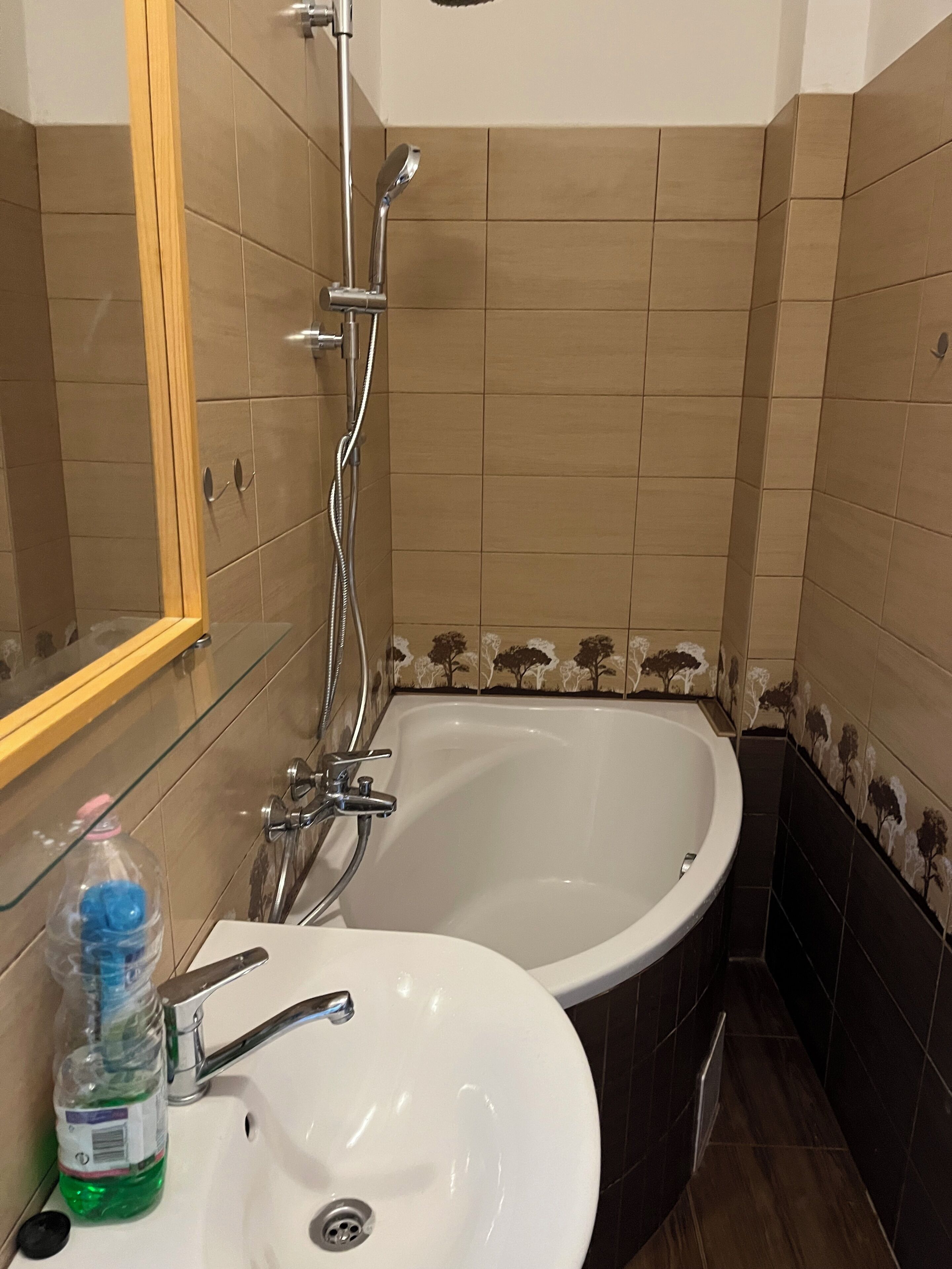 Een badkamer met een bad, wastafel en een douchecabine van glas.