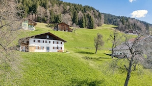 A traditional chalet-style building with a sloped roof, situated on a green hillside with a forested backdrop. - Chalet Zimbablick in Bartholom Berg (Bartholomaeberg)
