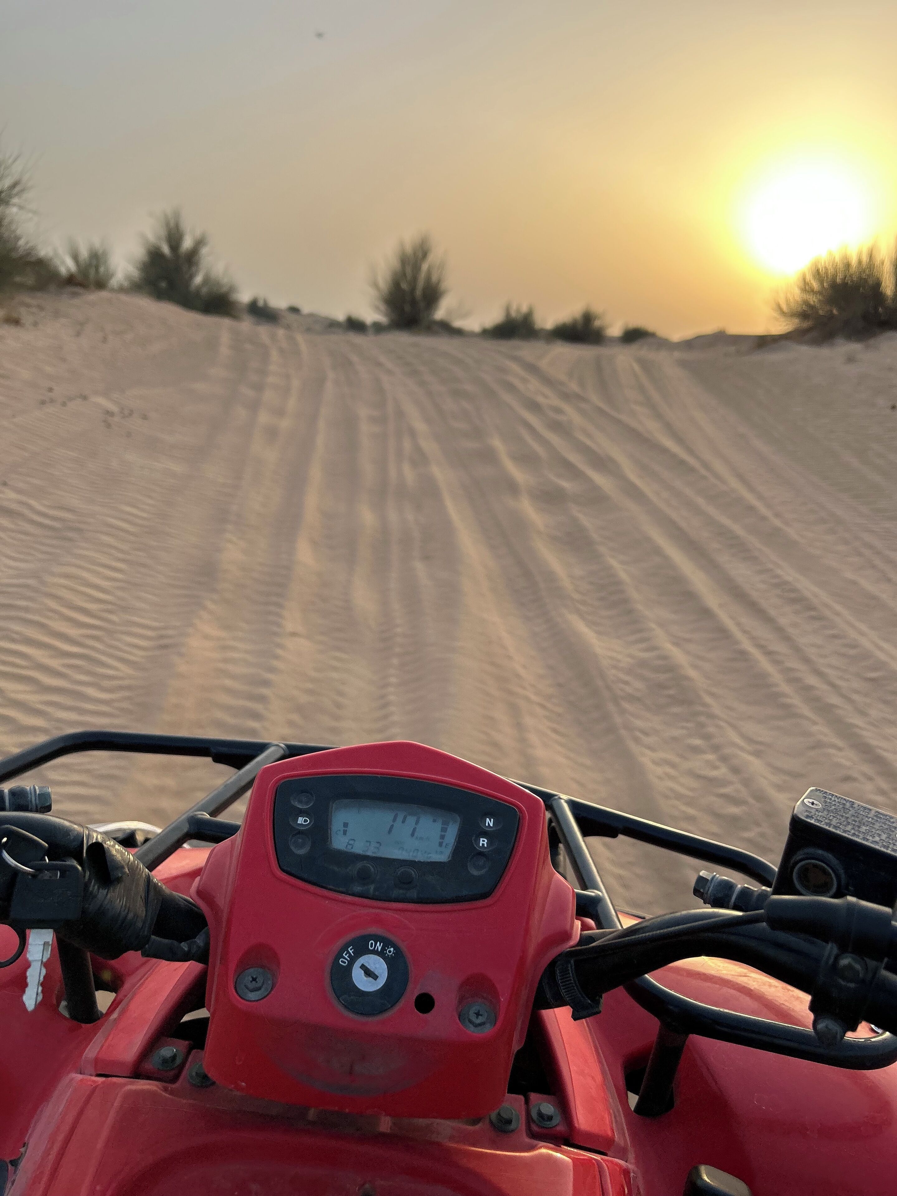 Un quad rosso con display digitale che percorre un sentiero sabbioso con poca vegetazione.