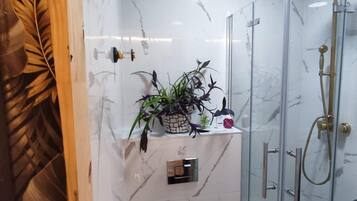 Shower, hair dryer, towels, soap