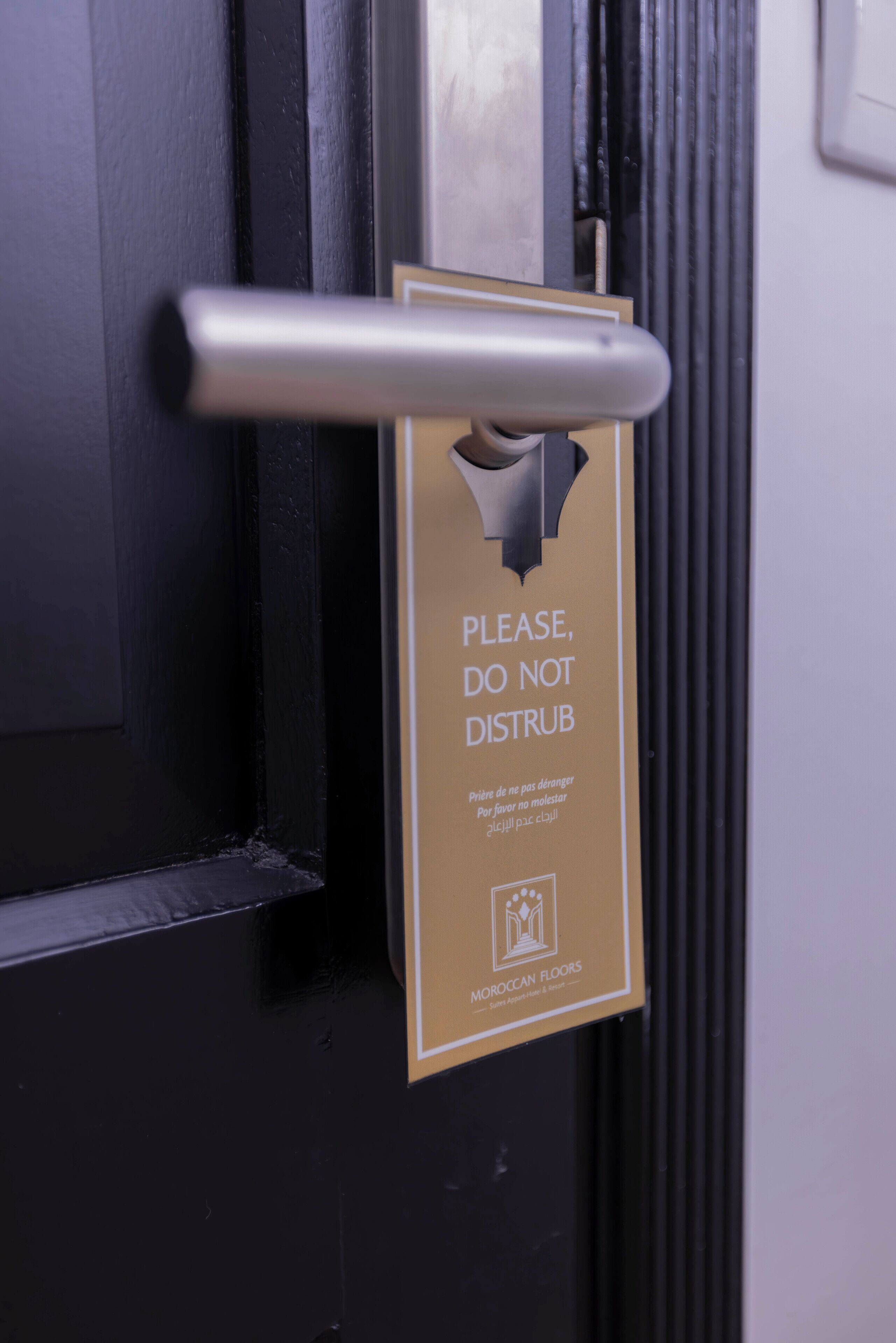 A door with a sign that reads "PLEASE, DO NOT DISTURB" in English and another language.