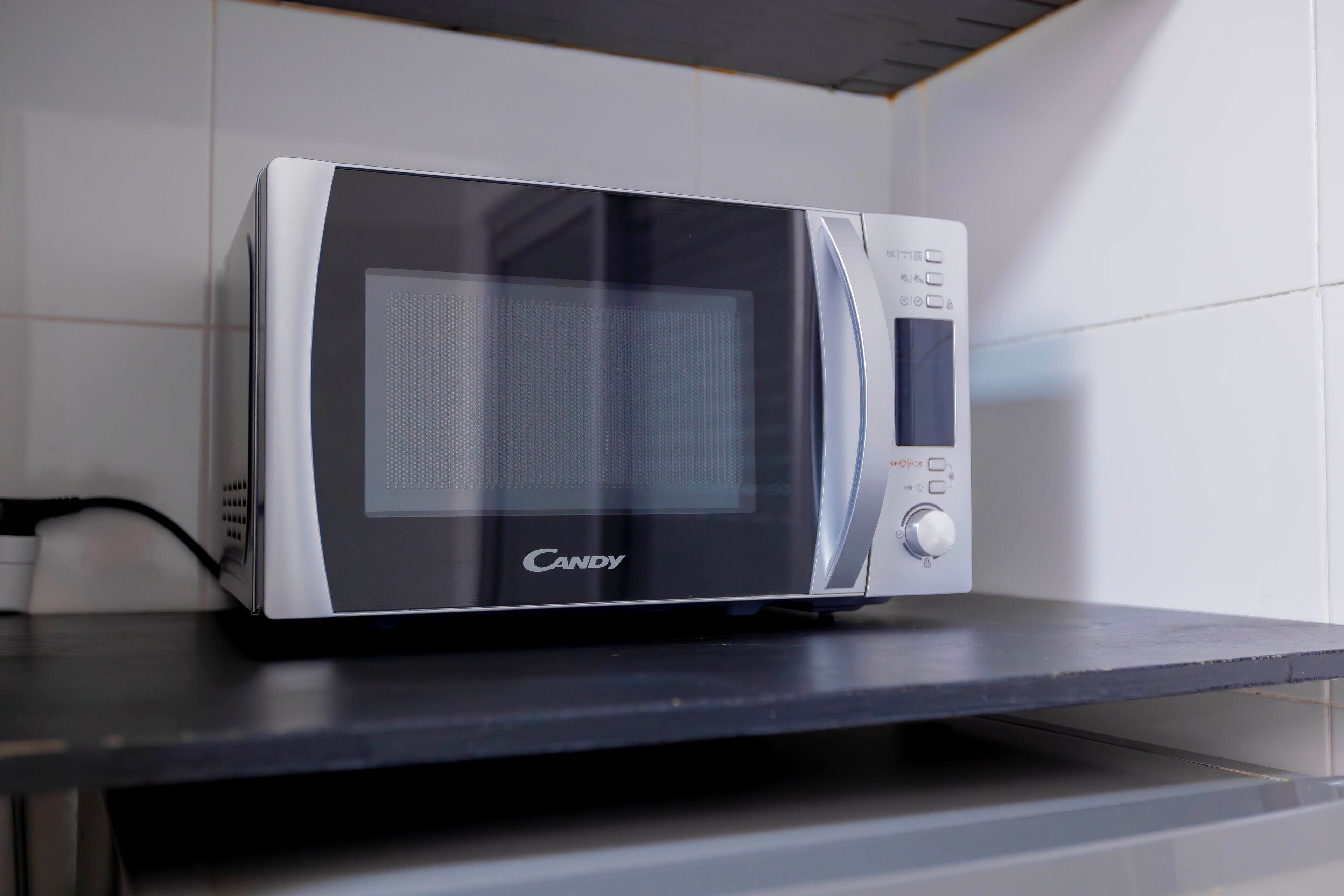 A microwave oven on a countertop.