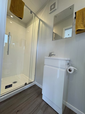 Shower, towels, soap, toilet paper