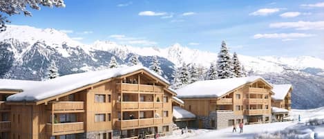 A wooden lodge with multiple balconies, set against a snowy mountain backdrop.