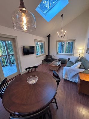 Smart TV, fireplace, books