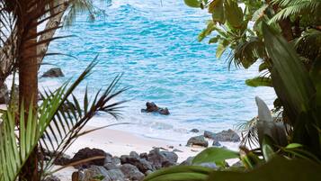 Una playa con agua azul cristalina, rocas y exuberante follaje tropical.