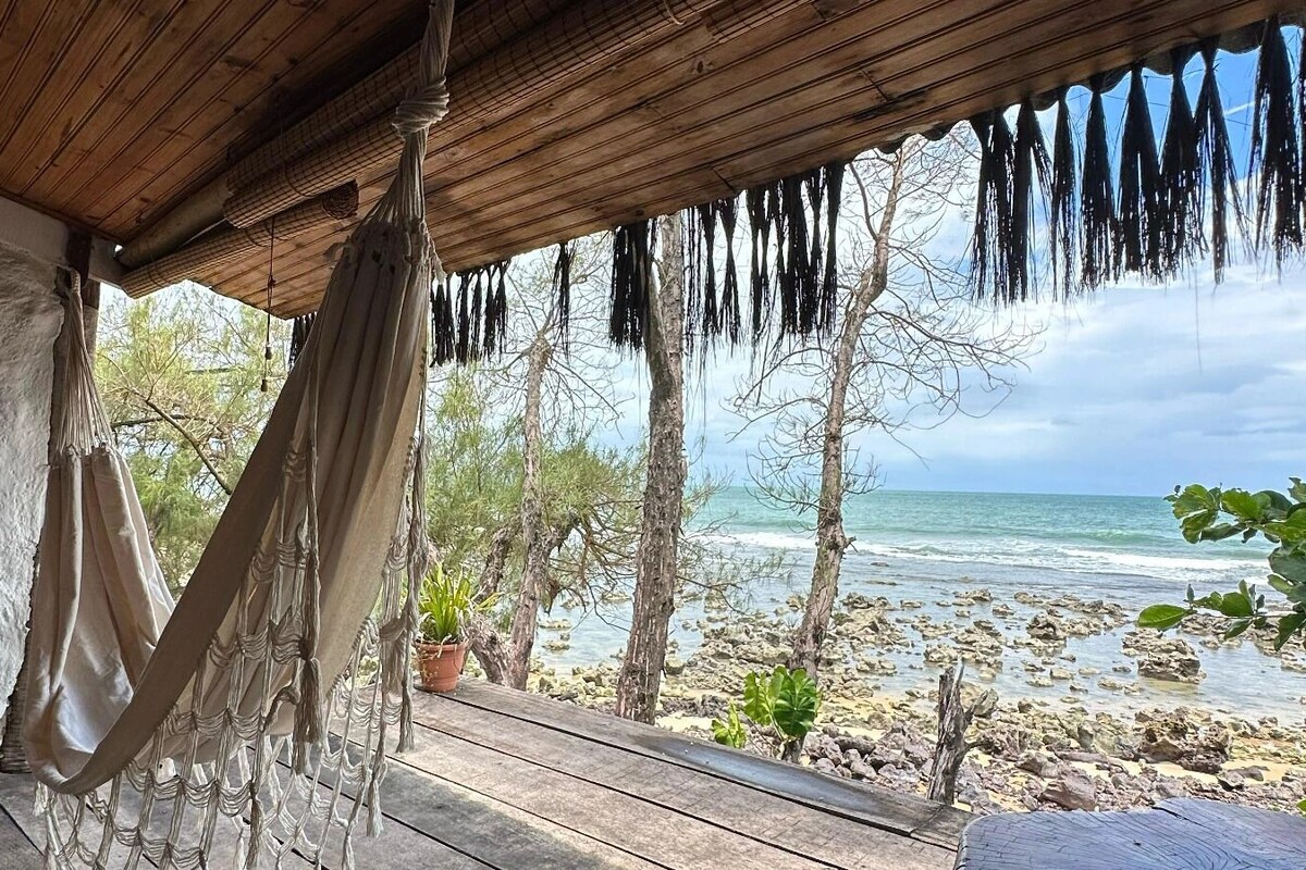 Une terrasse en bois avec un hamac et des plantes suspendues, donnant sur une plage rocheuse et l’océan.