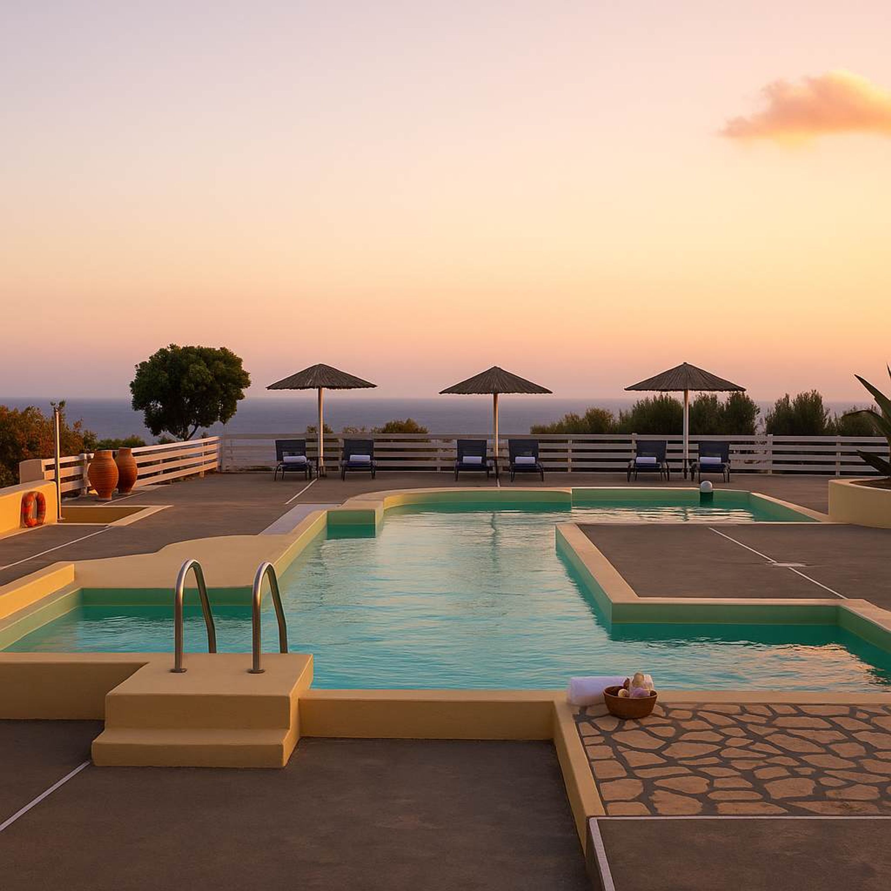 Un espace piscine doté de nombreuses chaises longues et de parasols, entouré d’un petit muret et offrant une vue sur l’océan au coucher du soleil.