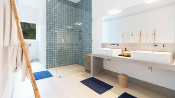 Hair dryer, bidet, towels, soap