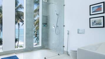 Hair dryer, bidet, towels, soap