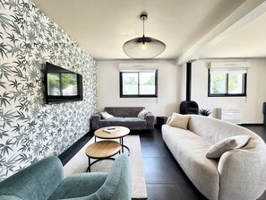 Télévision, cheminée, livres