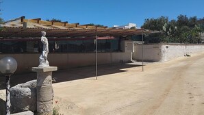 A statue on a pedestal in a courtyard with a building in the background.