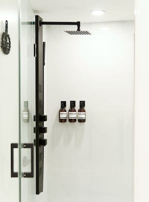 Séchoir à cheveux, serviettes fournies, savon, papier de toilette