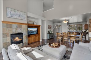 Smart TV, fireplace, DVD player, books