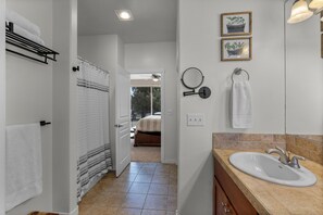 Jetted tub, hair dryer, towels, soap