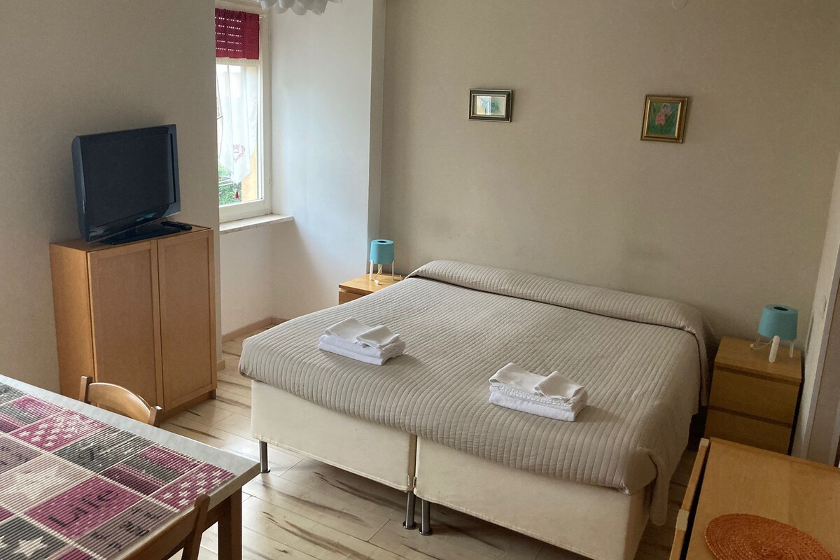 Une chambre d’hôtel avec un lit, un téléviseur posé sur un meuble, une table recouverte d’une nappe à motifs et une fenêtre avec des rideaux.