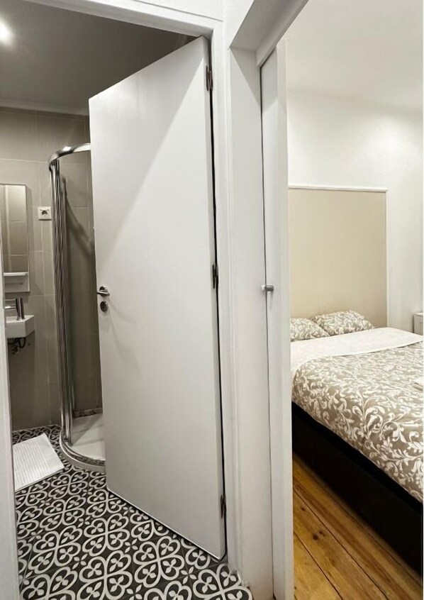 Une chambre à coucher avec un lit, une salle de bain avec une douche et une porte blanche.