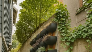 Een trap met een wandplanter met verschillende planten.