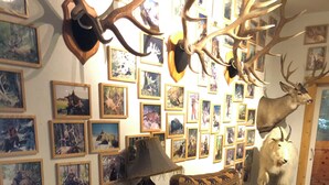 Ein Zimmer mit zwei Ledersesseln, einem gemusterten Teppich und einer Wand mit gerahmten Wildtierfotos.