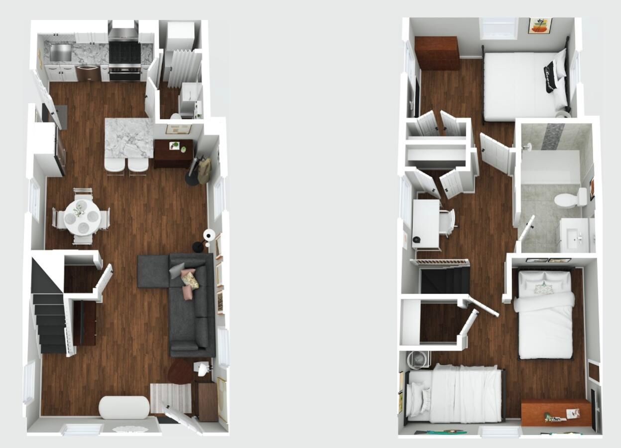 A two-bedroom apartment layout with a living room, dining area, kitchen, and separate bedrooms.