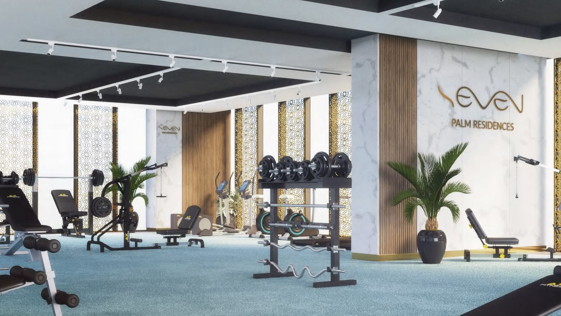 Een moderne sportschool met diverse fitnessapparaten, waaronder dumbbells, een bankdrukpers en een squatsrek.