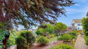 A well-maintained garden with various shrubs and a pathway leading to a house. - La Jolla Historic Gem | Hot Tub, Game Room, Garden Oasis w/ Firepit & Courtyard Dining (La Jolla)