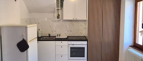 Fridge, oven, stovetop, cookware/dishes/utensils