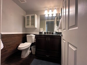 Shower, hair dryer, bidet, towels