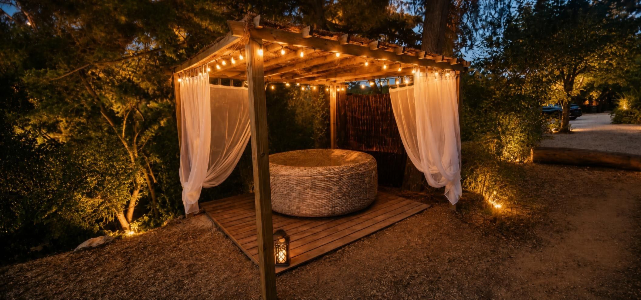 Ein hölzerner Gazebo mit Stoffvorhängen und Lichterketten, eine gewebte Bank und ein Laternenlicht auf einem Kiesweg.