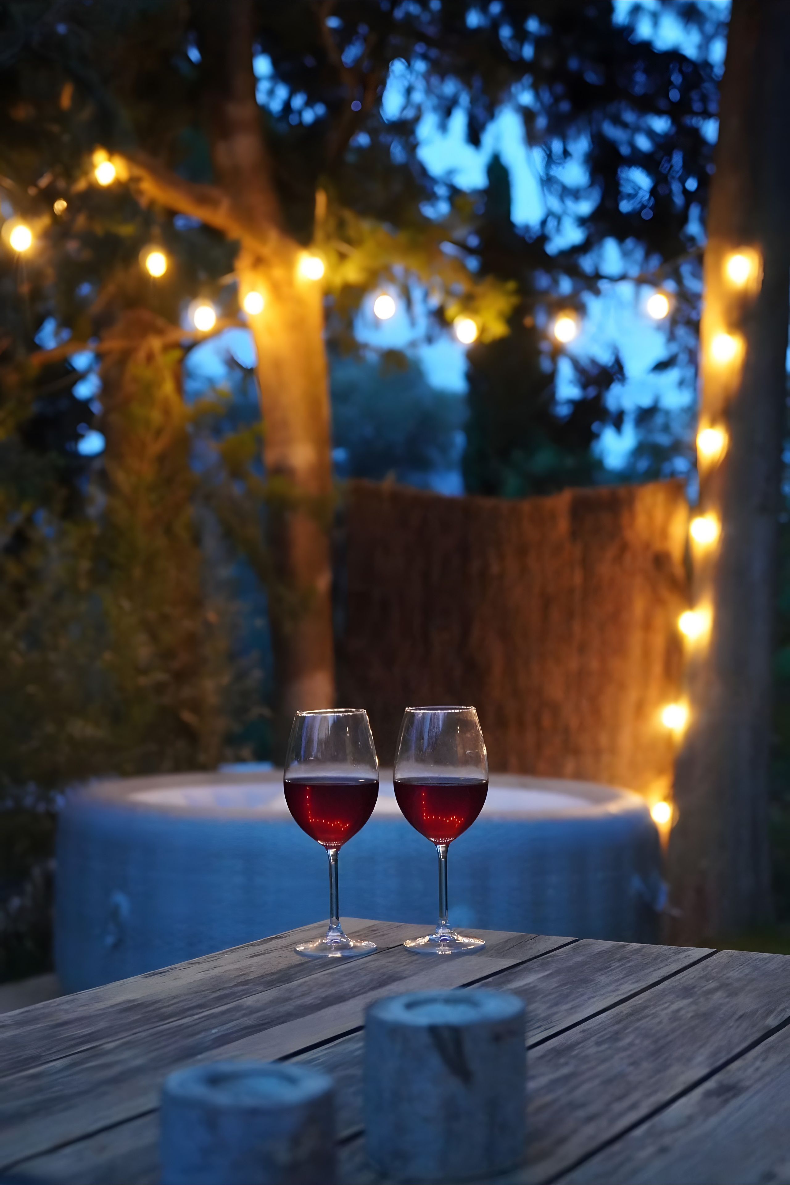 Dos copas de vino sobre una mesa de madera, con un fondo desenfocado de árboles y luces colgantes.