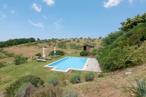 Une piscine rectangulaire bordée de pierres, entourée d’une pelouse où se trouvent un petit abri et une statue.