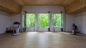 Une pièce dotée d’un plancher en bois, de grandes fenêtres et d’appareils de musculation.