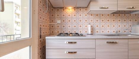 Fridge, microwave, oven, stovetop