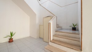 Un escalier avec une rampe, une plante en pot sur le palier et une porte en haut.