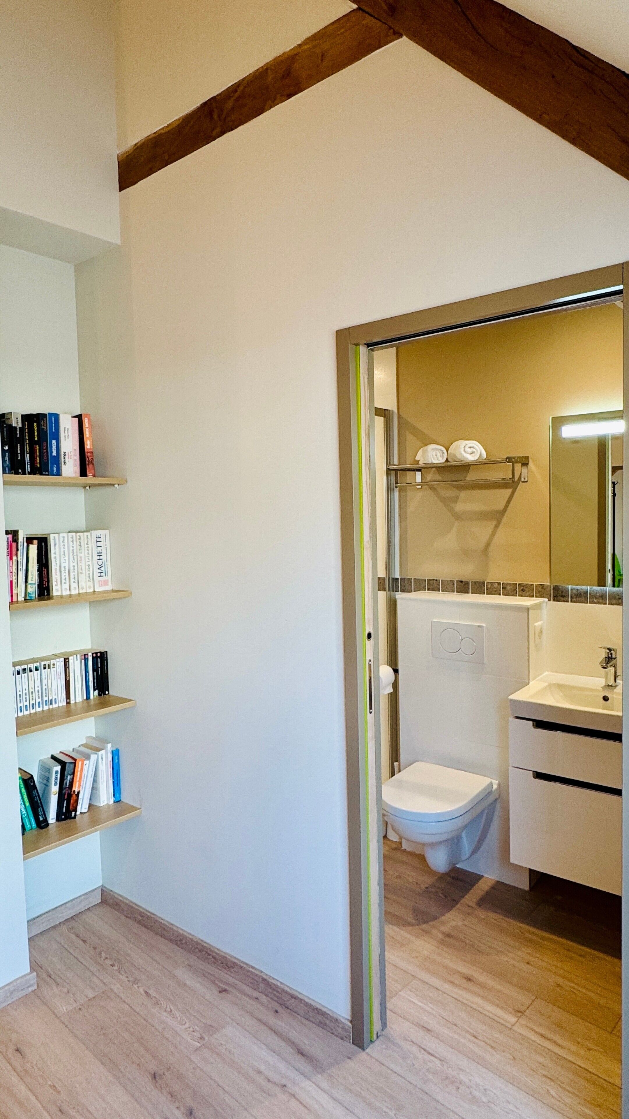 A bathroom with a toilet, sink, and mirror. There is a bookshelf with books to the left.