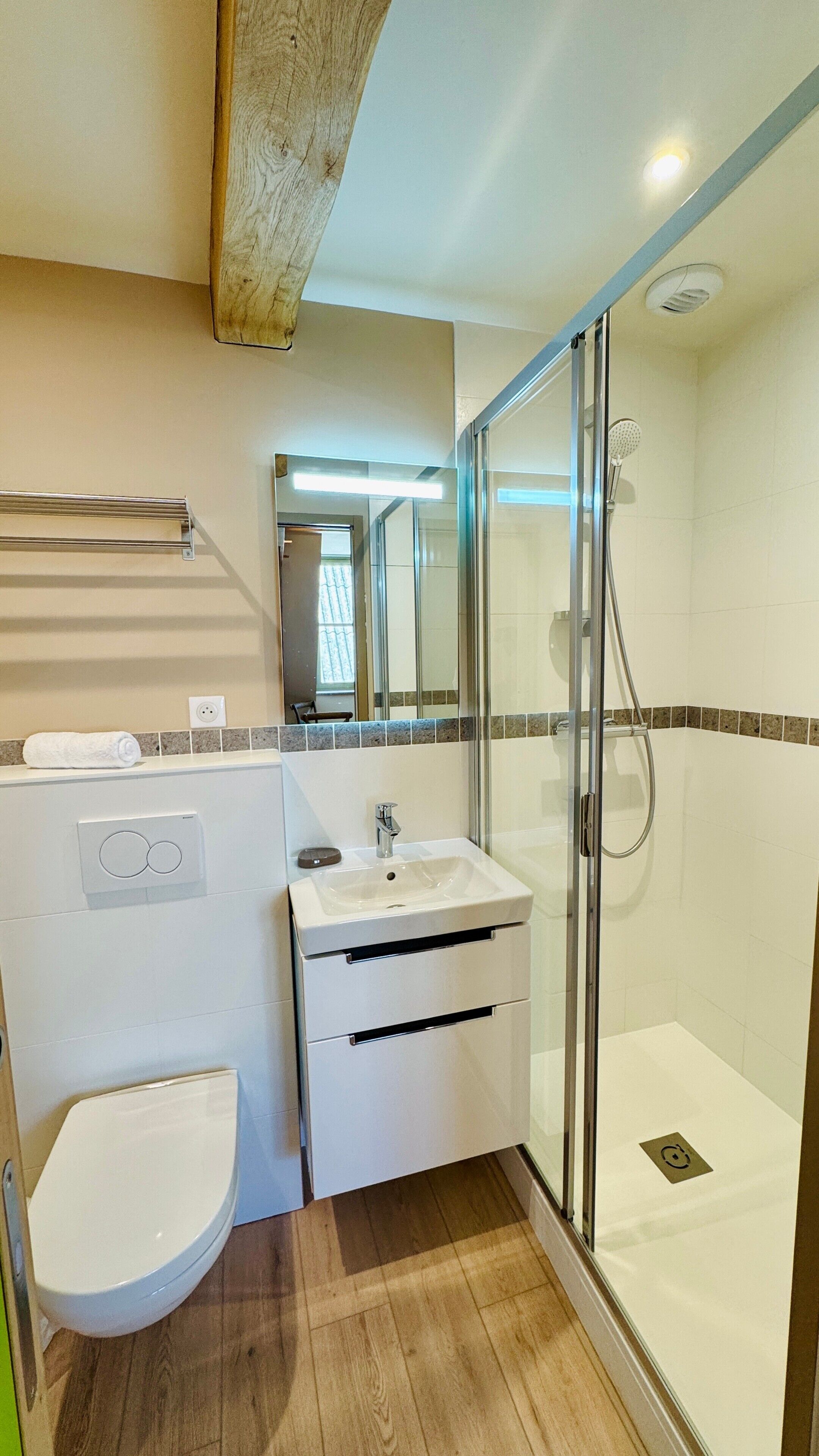 Shower, hair dryer, towels